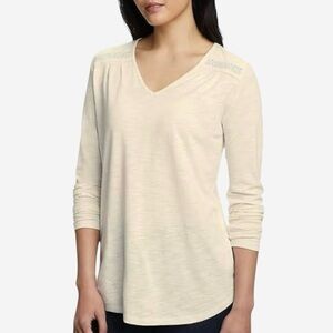 NWT Eddie Bauer Concourse Long Sleeve V Neck Top Size M Ivory Cotton Blend
